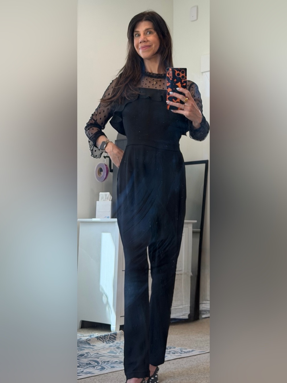 Zara Black Mesh Polka-Dot Ruffle Sleeve Jumpsuit